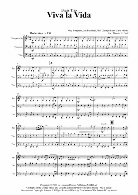 Viva La Vida Cold Play Brass Trio Sheet Music