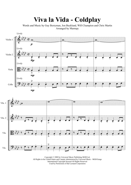 Viva La Vida Coldplay Arranged For String Quartet Sheet Music