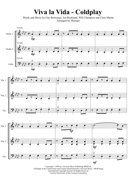 Viva La Vida Coldplay Arranged For String Trio Sheet Music