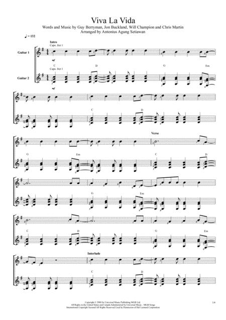 Viva La Vida Duet Guitar Score Sheet Music