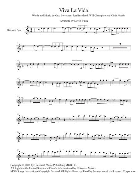 Viva La Vida Easy Key Of C Bari Sax Sheet Music