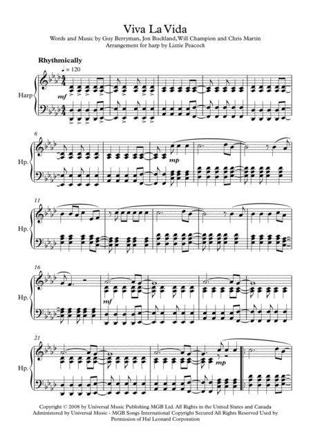 Viva La Vida Harp Solo Sheet Music