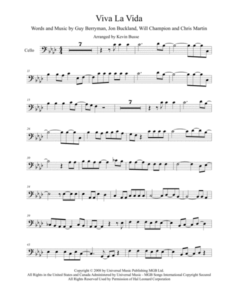 Viva La Vida Original Key Cello Sheet Music