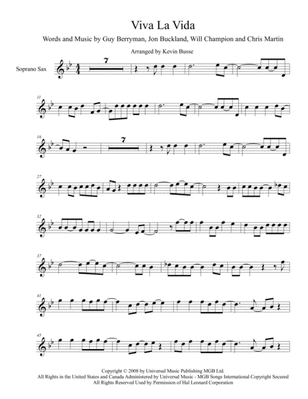 Viva La Vida Original Key Soprano Sax Sheet Music