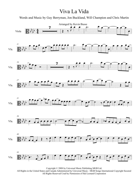 Free Sheet Music Viva La Vida Original Key Viola