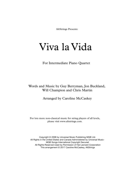 Free Sheet Music Viva La Vida Piano Quartet