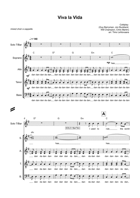 Free Sheet Music Viva La Vida Satb Coldplay