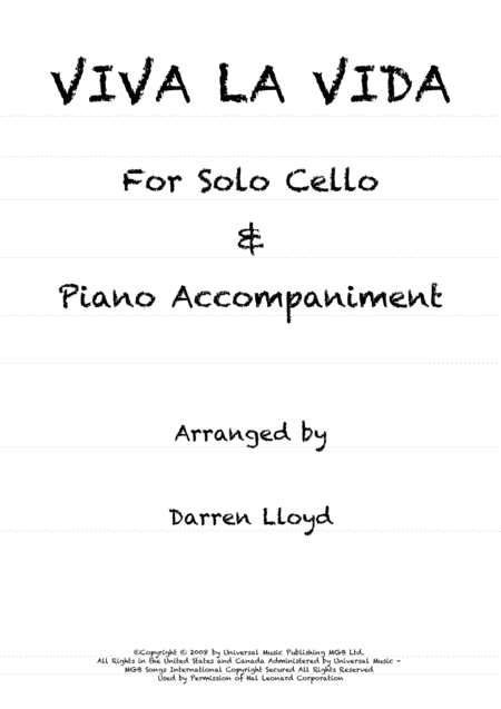 Viva La Vida Solo Cello Piano Sheet Music