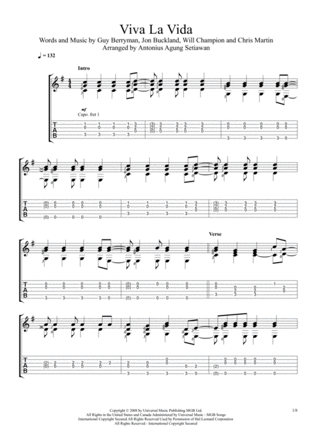 Viva La Vida Solo Guitar Tablature Sheet Music