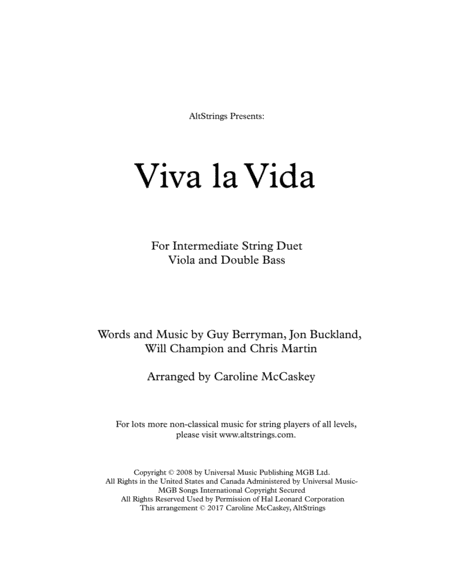 Free Sheet Music Viva La Vida Viola And Double Bass Duet