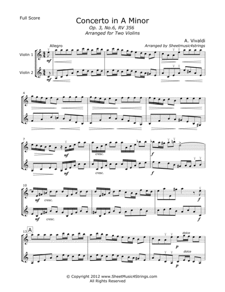 Free Sheet Music Vivaldi A Concerto In A Minor Mvt 1 For Two Violins