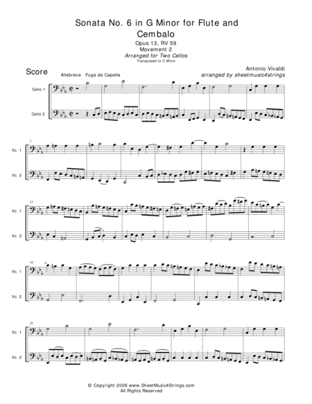 Vivaldi A Sonata No 6 Mvt 2 For Two Cellos Sheet Music