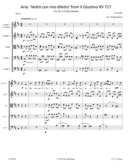 Vivaldi Aria Vedr Con Mio Diletto From Il Giustino Rv 717 Arr For 2 Cellos Quintet Or Voice And String Quartet Sheet Music