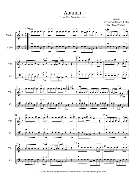 Free Sheet Music Vivaldi Autumn Allegro From 4 Seasons For Violin And Cello