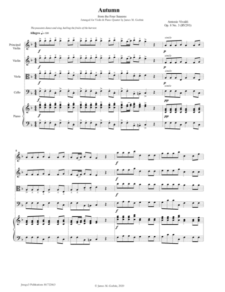 Free Sheet Music Vivaldi Autumn From The Four Seasons For Violin Piano Quartet