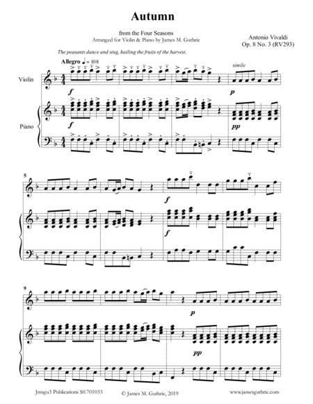 Free Sheet Music Vivaldi Autumn From The Four Seasons For Violin Piano