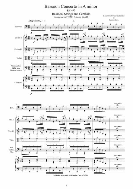 Vivaldi Bassoon Concerto In A Minor Rv 497 For Bassoon Strings And Cembalo Sheet Music