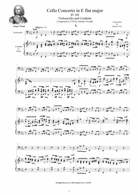 Vivaldi Cello Concerto In E Flat Rv 408 For Cello And Cembalo Or Piano Sheet Music