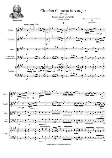 Vivaldi Chamber Concerto In A Major Rv 158 For Strings And Cembalo Sheet Music