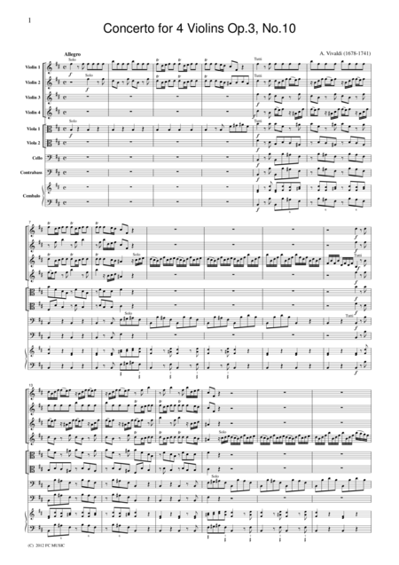 Vivaldi Concerto For 4 Violins Op 3 No 10 For String Orchestra Sv005 Sheet Music