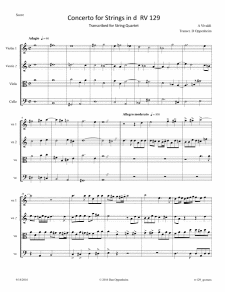 Vivaldi Concerto For Strings In D Rv 129 Movements 1 2 And 3 Arranged For String Quartet Sheet Music