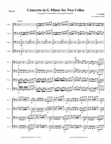 Vivaldi Concerto For Two Cellos In G Minor Arranged For Cello Quartet Four Cellos Rv 531 1st Movement Sheet Music