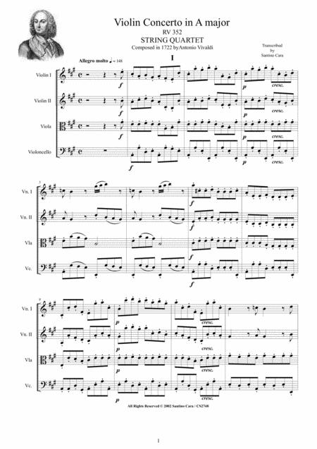 Free Sheet Music Vivaldi Concerto In A Major Rv 352 For String Quartet Score And Parts