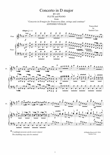 Free Sheet Music Vivaldi Concerto In D Major Rv 429 For Flute And Piano