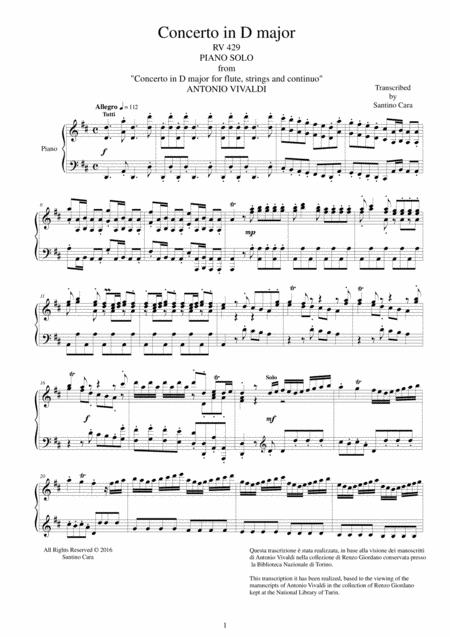 Vivaldi Concerto In D Major Rv 429 For Piano Sheet Music