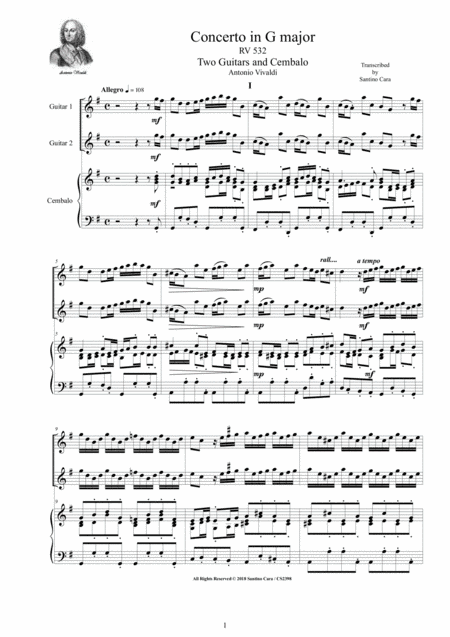 Free Sheet Music Vivaldi Concerto In G Major Rv 532 For Two Guitars And Cembalo Or Piano