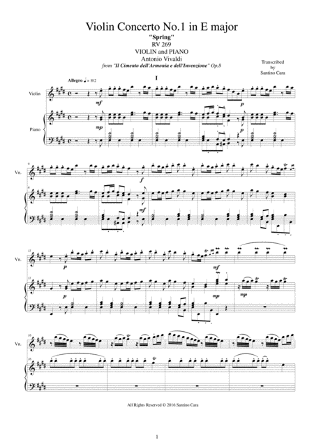 Free Sheet Music Vivaldi Concerto No 1 In E Major Op 8 Spring Rv 269 For Violin And Piano