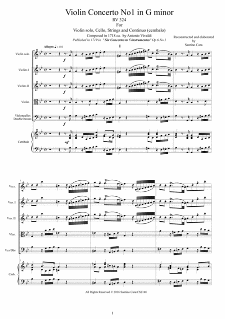 Vivaldi Concerto No 1 In G Minor Rv 324 Op 6 For Violin Strings And Continuo Sheet Music