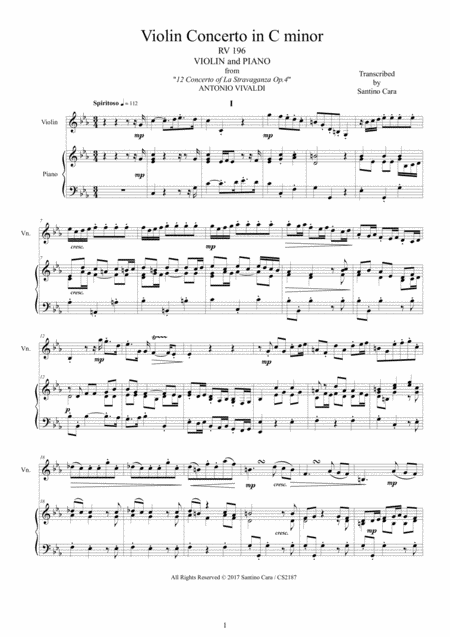 Free Sheet Music Vivaldi Concerto No 10 In C Minor Op 4 Rv196 For Violin And Piano