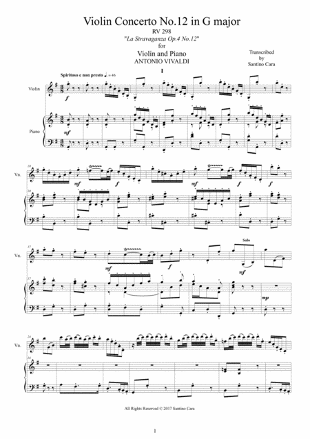 Vivaldi Concerto No 12 In G Major Rv 298 Op 4 For Violin And Piano Sheet Music