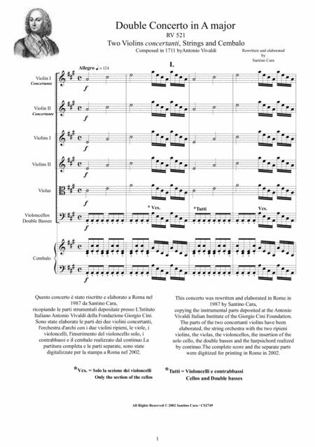 Vivaldi Double Concerto In A Major Rv 521 For Two Violins Strings And Cembalo Sheet Music