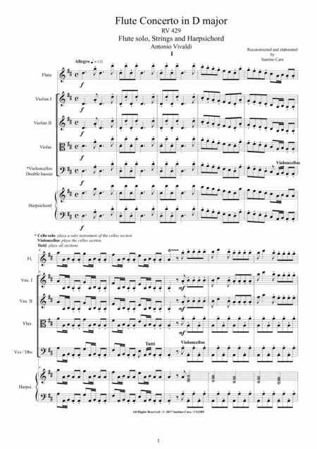 Vivaldi Flute Concerto In D Major Rv 429 For Flute Solo Strings And Harpsichord Sheet Music