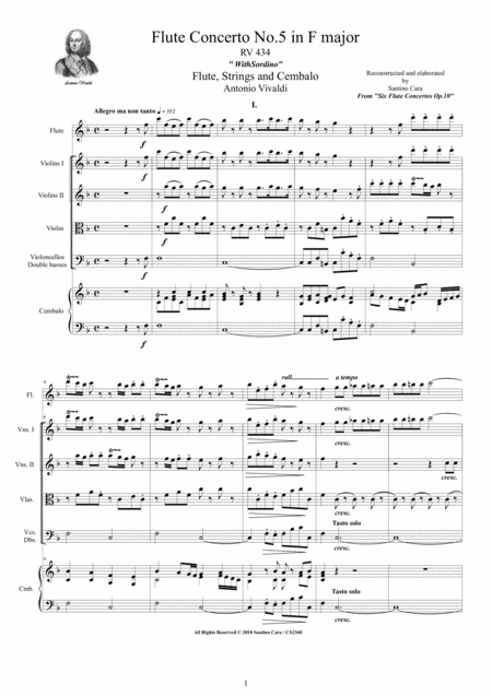 Free Sheet Music Vivaldi Flute Concerto No 5 In F Major Op 10 Rv 434 For Flute Strings And Cembalo