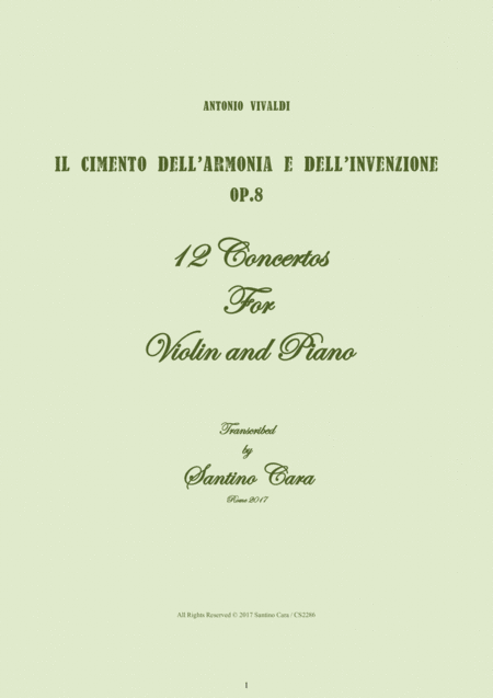 Vivaldi Il Cimento Dell Armonia E Dell Invenzione Op 8 12 Concertos For Violin And Piano Sheet Music