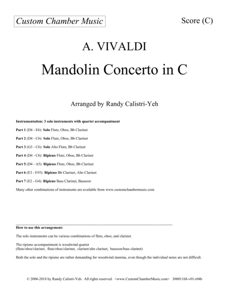 Free Sheet Music Vivaldi Mandolin Concerto 3 Solo Woodwinds With Woodwind Quartet
