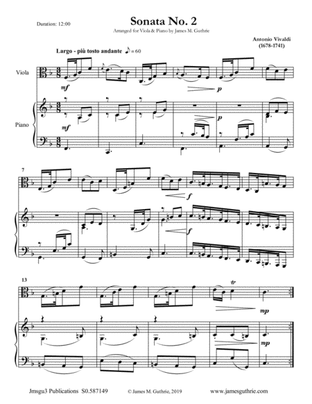 Vivaldi Sonata No 2 For Viola Piano Sheet Music