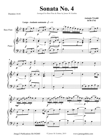 Vivaldi Sonata No 4 For Bass Flute Piano Sheet Music