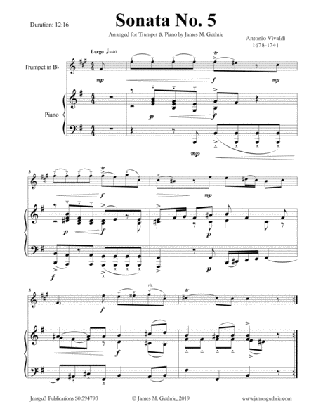 Vivaldi Sonata No 5 For Trumpet Piano Sheet Music