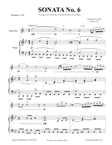 Free Sheet Music Vivaldi Sonata No 6 For Tenor Sax Piano