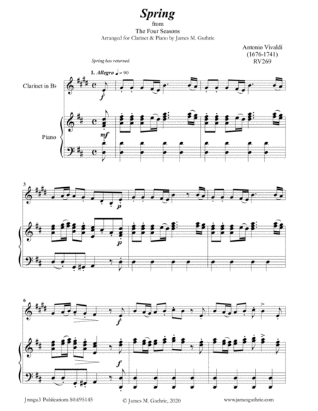 Vivaldi Spring From The Four Seasons For Clarinet Piano Sheet Music