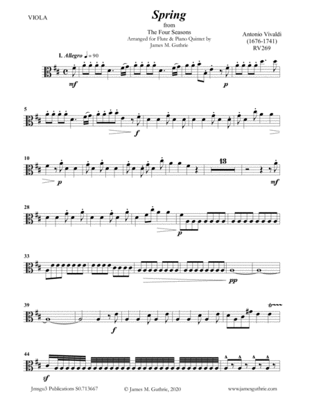 Free Sheet Music Vivaldi Spring From The Four Seasons For Flute Piano Quintet