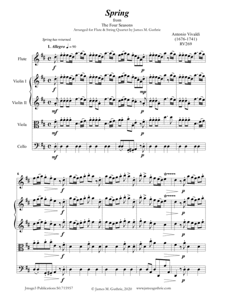 Vivaldi Spring From The Four Seasons For Flute String Quartet Sheet Music