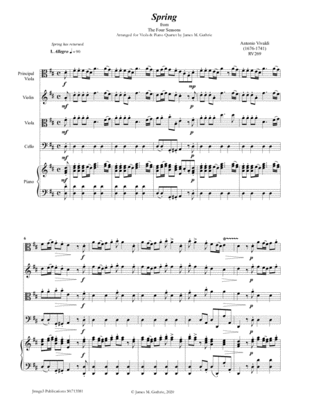 Free Sheet Music Vivaldi Spring From The Four Seasons For Viola Piano Quartet