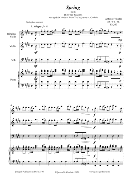 Free Sheet Music Vivaldi Spring From The Four Seasons For Violin Piano Trio