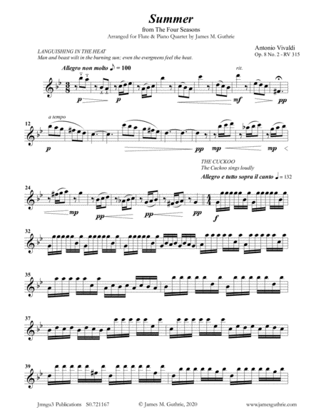 Free Sheet Music Vivaldi Summer From The Four Seasons For Flute Piano Quartet