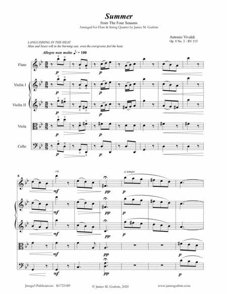 Free Sheet Music Vivaldi Summer From The Four Seasons For Flute String Quartet